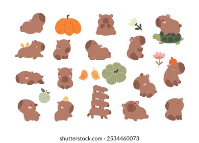 Capibara feliz kawaii, pájaros, frutas, calabazas. Caricatura linda de animales divertidos. Estilo dibujado a mano. Dibujo de Vector. Colección de Elementos de diseño.