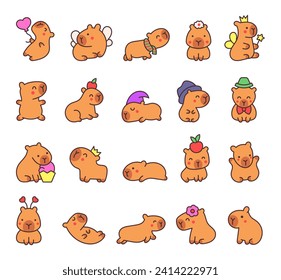 Kawaii happy capybara. Cute cartoon funny animals character. Hand drawn style. Vector drawing. Collection of design elements.