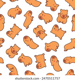 Kawaii happy capybara. Seamless pattern. Cute cartoon funny animals character. Hand drawn style. Vector drawing. Design ornaments.