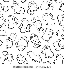 Kawaii happy capybara. Seamless pattern. Coloring Page. Cute cartoon funny animals character. Hand drawn style. Vector drawing. Design ornaments.