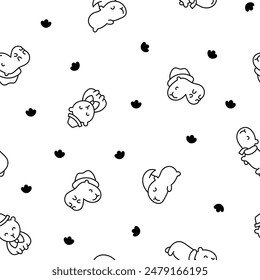 Kawaii happy capybara. Seamless pattern. Coloring Page. Cute cartoon funny animals character. Hand drawn style. Vector drawing. Design ornaments.