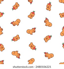 Kawaii happy capybara. Seamless pattern. Cute cartoon funny animals character. Hand drawn style. Vector drawing. Design ornaments.