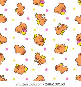 Kawaii happy capybara. Seamless pattern. Cute cartoon funny animals character. Hand drawn style. Vector drawing. Design ornaments.