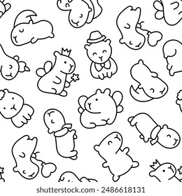 Kawaii happy capybara. Seamless pattern. Coloring Page. Cute cartoon funny animals character. Hand drawn style. Vector drawing. Design ornaments.