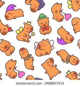 Kawaii happy capybara. Seamless pattern. Cute cartoon funny animals character. Hand drawn style. Vector drawing. Design ornaments.