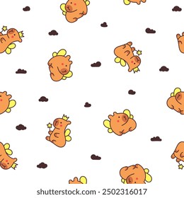 Kawaii happy capybara. Seamless pattern. Cute cartoon funny animals character. Hand drawn style. Vector drawing. Design ornaments.