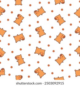 Kawaii happy capybara. Seamless pattern. Cute cartoon funny animals character. Hand drawn style. Vector drawing. Design ornaments.