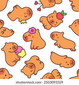 Kawaii happy capybara. Seamless pattern. Cute cartoon funny animals character. Hand drawn style. Vector drawing. Design ornaments.