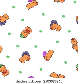 Kawaii happy capybara. Seamless pattern. Cute cartoon funny animals character. Hand drawn style. Vector drawing. Design ornaments.