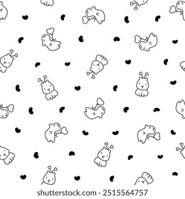Kawaii happy capybara. Seamless pattern. Coloring Page. Cute cartoon funny animals character. Hand drawn style. Vector drawing. Design ornaments.