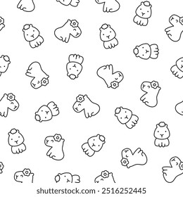 Kawaii happy capybara. Seamless pattern. Coloring Page. Cute cartoon funny animals character. Hand drawn style. Vector drawing. Design ornaments.