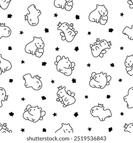 Kawaii happy capybara. Seamless pattern. Coloring Page. Cute cartoon funny animals character. Hand drawn style. Vector drawing. Design ornaments.