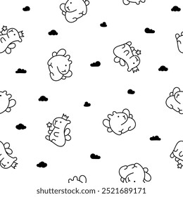 Kawaii happy capybara. Seamless pattern. Coloring Page. Cute cartoon funny animals character. Hand drawn style. Vector drawing. Design ornaments.