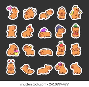 Kawaii happy capybara. Sticker Bookmark. Cute cartoon funny animals character. Hand drawn style. Vector drawing. Collection of design elements.