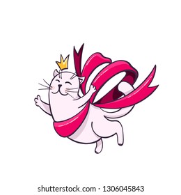 Kawaii, a happy cat with a bow flying in the clouds with a crown on his head. Hand drawn vector illustration. Cartoon style