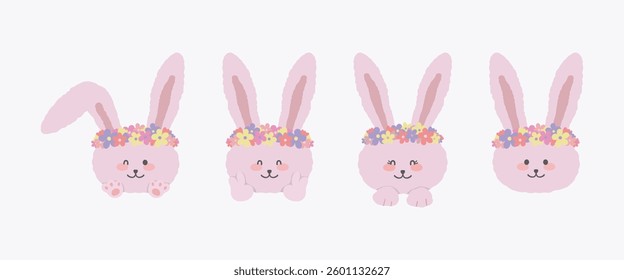 Kawaii Happy Cutie Bunny Head Emoji Emotion Sticker Set Vector Flat illustration