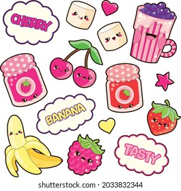 Kawaii Happy Food vector art in beautiful and juicy CMYK colors! Banana, Raspberry, Strawberry, Cherry, Marshmallows, Strawberry jam, Raspberry jam, cute cockttail, heart, star and tasty texts! Enjoy!