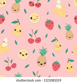 Kawaii happy  fruit seamless pattern vector. Pink background. Illustration