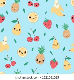 Kawaii happy  fruit seamless pattern vector. Light blue background. Illustration