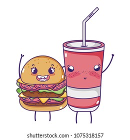 kawaii happy hamburger with shy soda