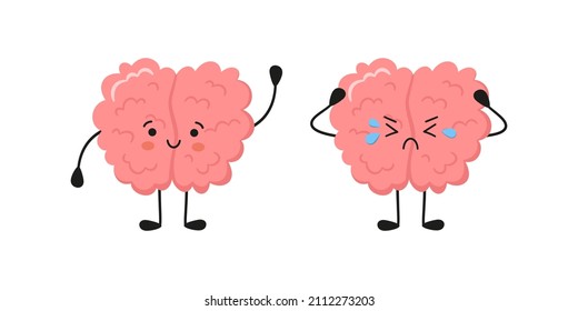 Kawaii happy human brain character and sad crying brain character. Hand drawn symbols of healthy mind and psychological disorder. Vector cartoon illustration isolated on white background.