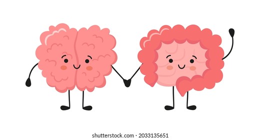 Kawaii happy human brain and funny intestine characters. Hand drawn symbol of the communication between the intestines and the brain. Vector cartoon illustration isolated on white background.