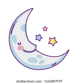 kawaii happy moon with stars in the sky