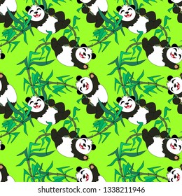kawaii happy panda with bamboo plant  background seamless pattern