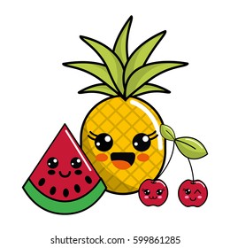 kawaii happy pineaplle, watermelon and cherry icon