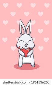 Kawaii and happy rabbit carry a big hearts valentine cartoon illustration
