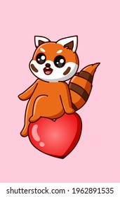 Kawaii and happy red panda sits on heart valentine cartoon illustration