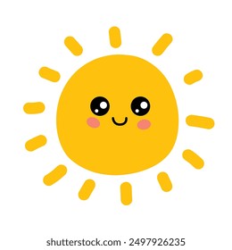 Kawaii happy smiling sun isolated on white background, flat simple vector illustration. Cute summer sunshine emoji, doodle style icon 
