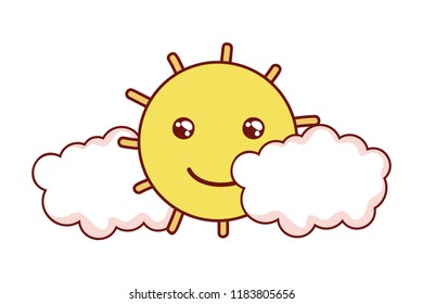 kawaii happy sun character with clouds