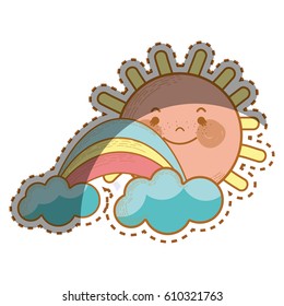 kawaii happy sun with cloud and rainbow