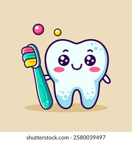 Kawaii Happy Tooth with Toothbrush Cute Dental Illustration