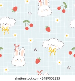 Kawaii Hase Kaninchen und Welpen Pudel nahtlose Vektorgrafik Muster mit Sommerfrüchten, Blumen und Schleifen Knoten. Kindliche handgezeichnete Illustration in einer Pastellpalette auf einem Gitterhintergrund für einen Babydruck