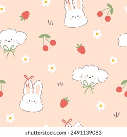 Kawaii hare rabbit and puppy poodle seamless vector pattern with summer fruits, flowers and ribbon bow knots. Childish hand-drawn illustration in a pastel palette for baby clothes, textiles, wallpaper