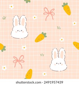 Kawaii Hase Kaninchen nahtlose Vektorgrafik Muster mit Karotte und Band Bogen Knoten. Kinderliche handgezeichnete Illustration in einer Pastellpalette auf einem Gitterhintergrund für Babykleidung, Textilien, Verpackung, Bildschirmhintergrund