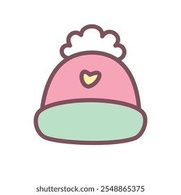 Kawaii hat icon. Hand drawn illustration of a red knitted hat with a pompom isolated on a white background. Cute winter holiday sticker. Vector 10 EPS.