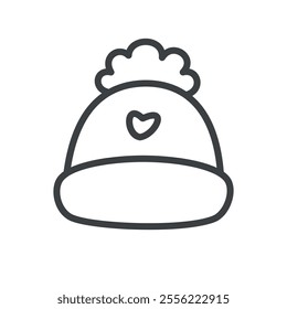 Kawaii hat icon. Hand drawn monochrome illustration of a knitted hat with a pompom isolated on a white background. Cute winter sticker. Vector 10 EPS.