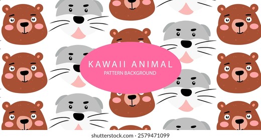 kawaii head animal cartoon design pattern background. lion, duck, hippo