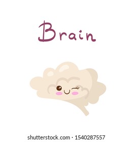 Kawaii healthy happy Brain character with hand drawing lettering. Vector cute flat cartoon illustration icon for kids hospital on white background. 