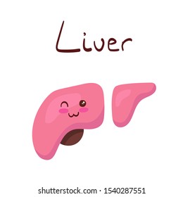 Kawaii healthy happy Liver character with hand drawing lettering. Vector cute flat cartoon illustration icon for kids hospital on white background. Liver medication, clinic test concept design.