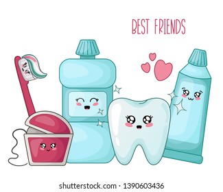 Kawaii healthy tooth and dental floss, toothpaste, brush - best friends of teeth, cute cartoon characters on white, isolated objects. Dentistry and oral hygiene, dental care. Vector flat