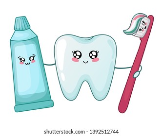 Kawaii healthy tooth and toothpaste and brush - best friends of teeth, cute cartoon characters on white, isolated objects. Dentistry and tooth brushing, oral hygiene, dental care. Vector flat