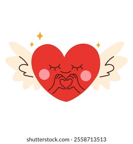 Kawaii heart characters with emotions. Red heart symbol.  Happy funny design elements for Valentine s Day. Hand drawn Vector illustration. Love, Valentine's day, romance concept. Isolated on white