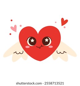 Kawaii heart characters with emotions. Red heart symbol.  Happy funny design elements for Valentine s Day. Hand drawn Vector illustration. Love, Valentine's day, romance concept. Isolated on white