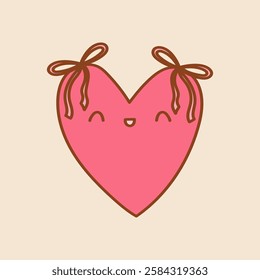 Kawaii Heart Doodle art. Pink heart with a coqquette bow. Vector illustation on a isolated background