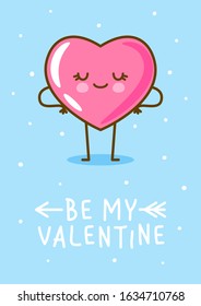 Kawaii heart emoji on blue background Vector character for Valentines day cute lovely design