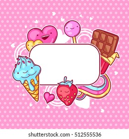 Kawaii heart frame with sweets and candies. Crazy sweet-stuff in cartoon style.